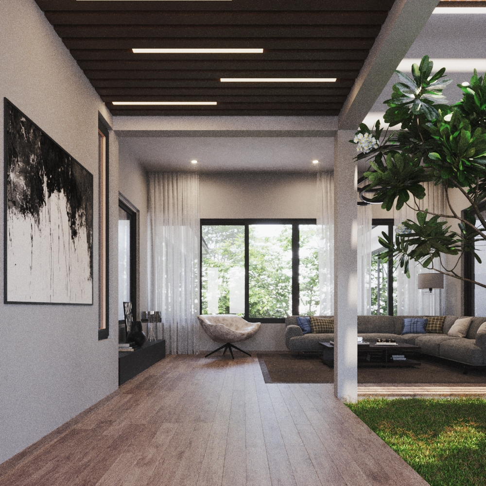 Modern Kerala home interior with large windows allowing natural light and ventilation