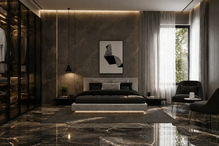 modern bedroom interior designed by architects in Calicut featuring minimalist styling, premium textures, warm lighting, and contemporary residential aesthetics by an architecture firm in Calicut.