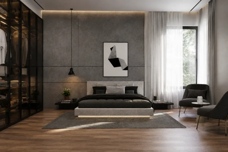 Luxury modern bedroom interior designed by architects in Calicut featuring minimalist styling, premium textures, warm lighting, and contemporary residential aesthetics by an architecture firm in Calicut.