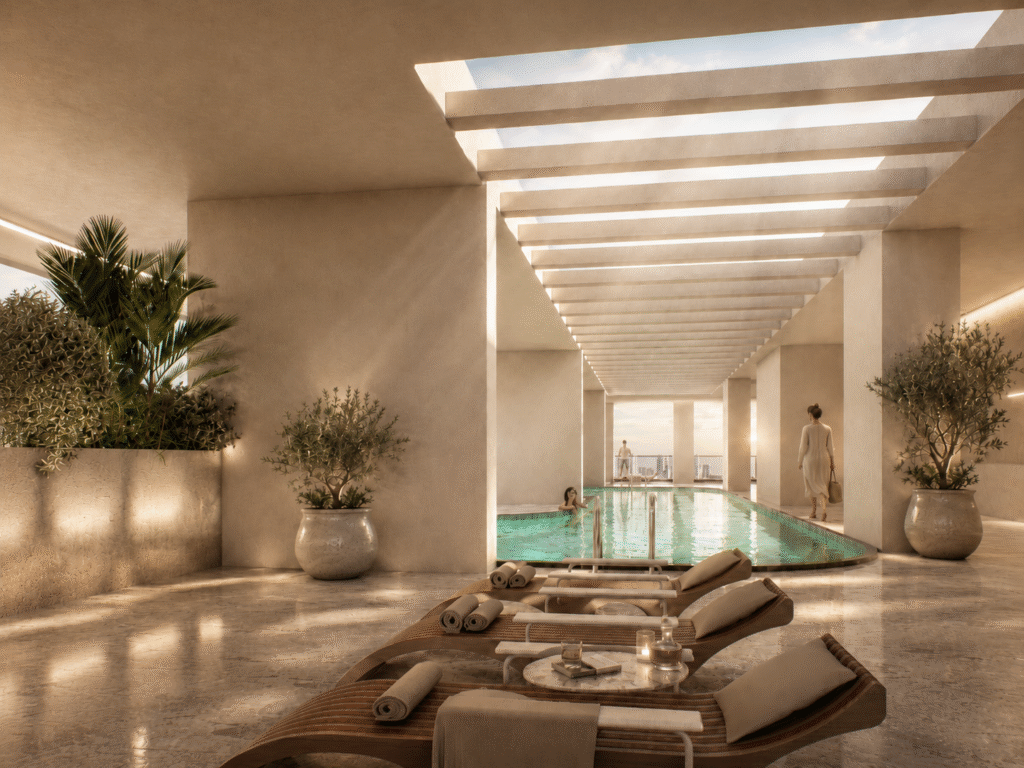 Team Arcon architecture project – Platinum Heights luxury indoor swimming pool and wellness spa with skylights, premium lounge seating, and contemporary architectural design.