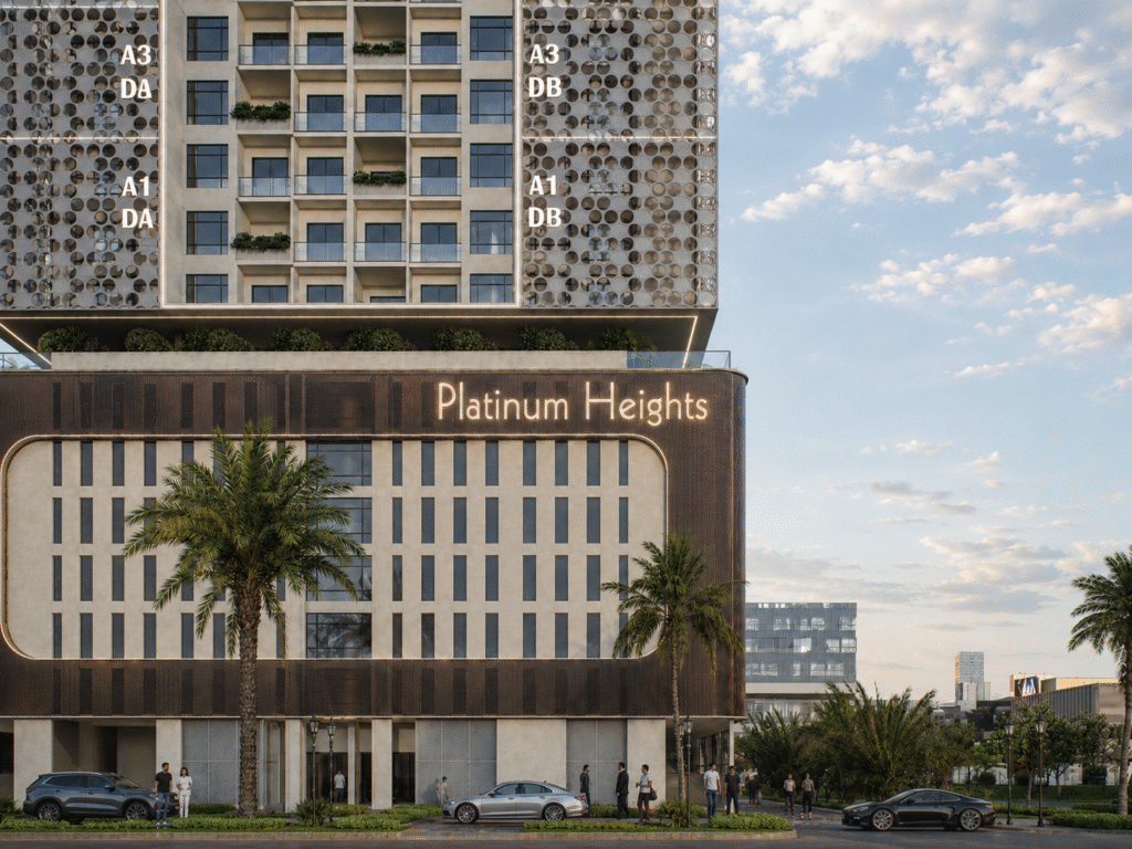 Team Arcon architecture project – Platinum Heights premium residential development showcasing the podium façade, contemporary architecture, landscaped streetscape, and luxury entrance.