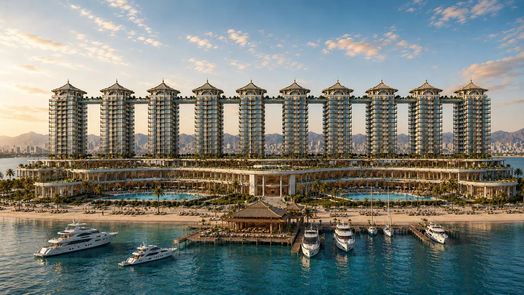 eam Arcon architecture project featuring an ultra-luxury waterfront mixed-use development with beachfront residences, private marina, infinity pools, tropical landscaping, and premium resort lifestyle.